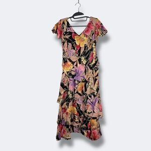 Lola P. Black Floral Ruffle Tiered Midi Dress Womens XL Beaded Y2K Boho Fairy